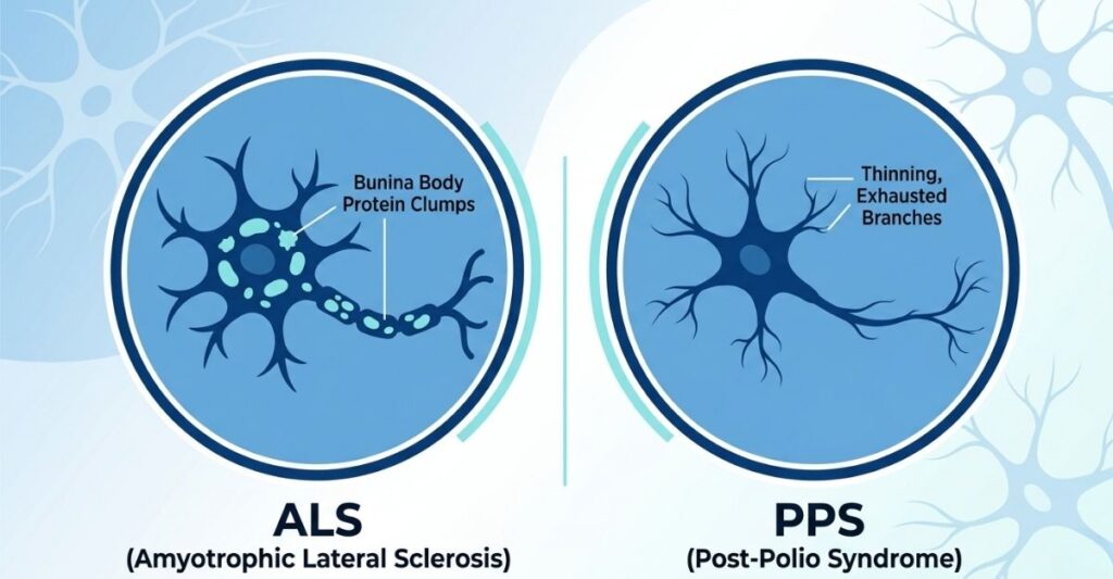 Clinical comparison infographic of a motor neuron with Bunina Body protein clumps (ALS) versus a neuron showing metabolic exhaustion and thinning sprouts (PPS)