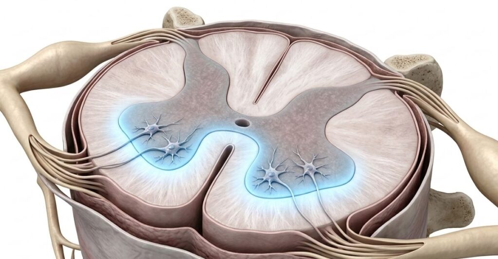 natomical 3D cross-section of the human spinal cord highlighting the anterior horn (ventral horn) in a clinical blue glow, showing the primary site of alpha motor neuron infection