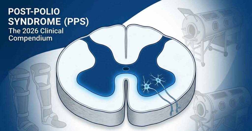 An anatomical featured image for Post-Polio Syndrome (PPS), showing a 3D spinal cord cross-section highlighting the anterior horn, set against a background of historic iron lung and leg braces, with the title 'The 2026 Clinical Compendium'