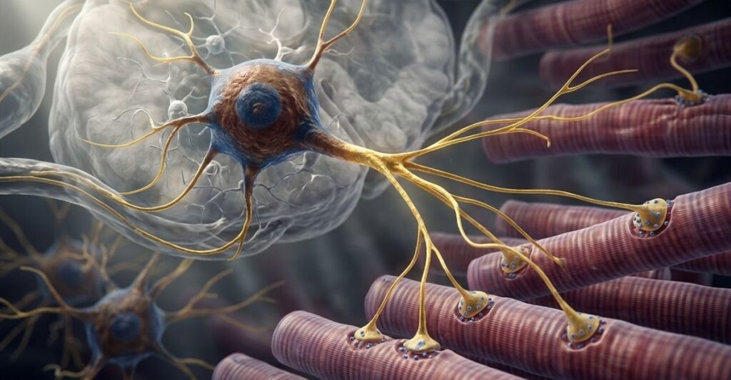 Microscopic 3D visualization of terminal axonal sprouting where a surviving motor neuron extends new branches to orphaned muscle fibers, forming a Giant Motor Unit